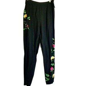 Womens Embroidered‎ Floral Pants Black Linen Rayon Blend 10 Boho Indie Festival